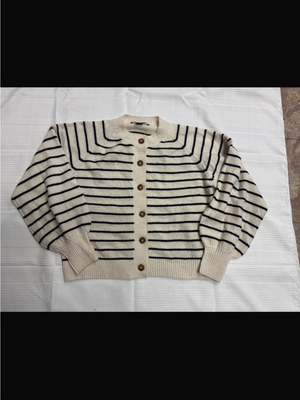 French Connection Cream & Black Striped Button Cardigan